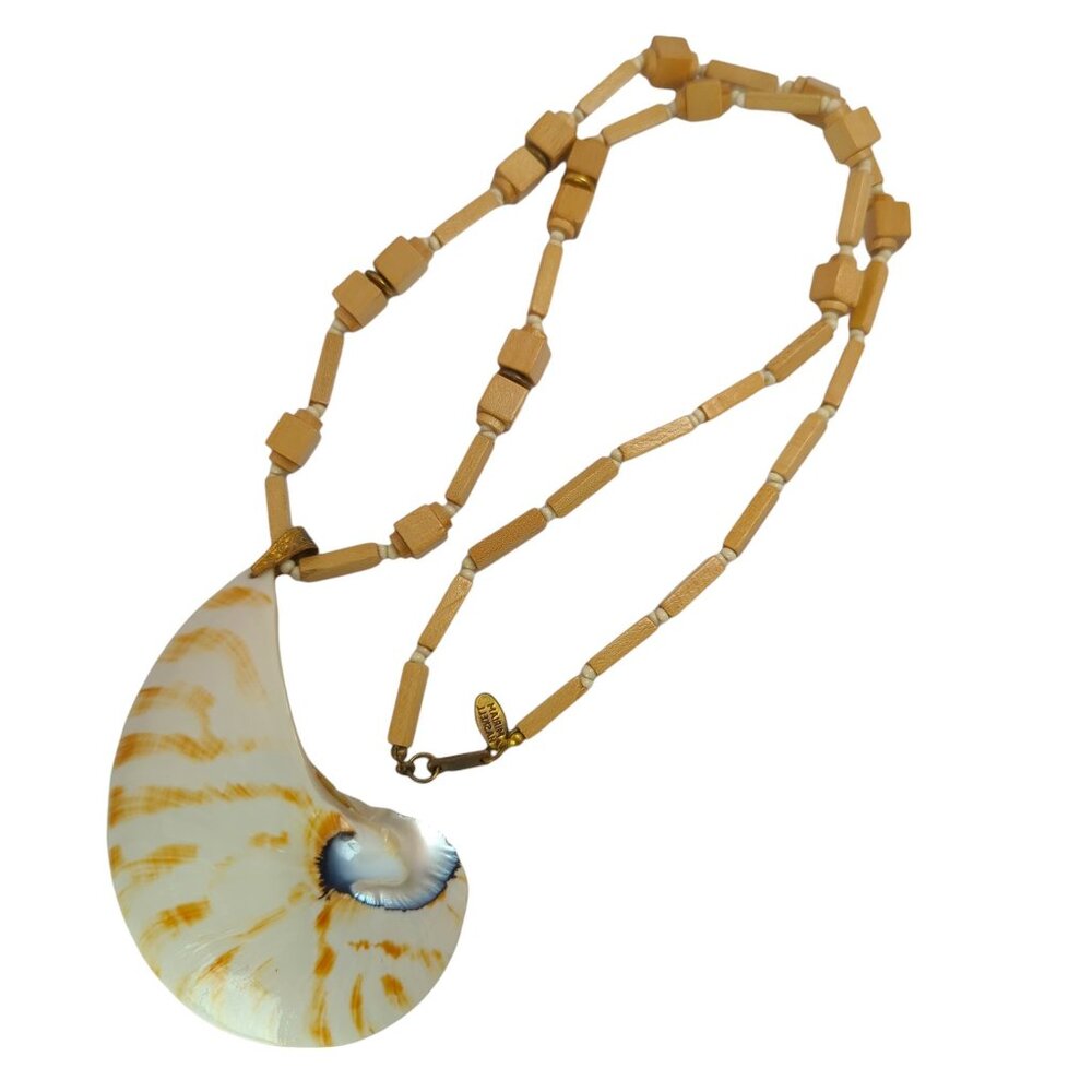 Miriam Haskell Shell Wood Necklace Chambered Nautilus Pendant VTG Signed 28"